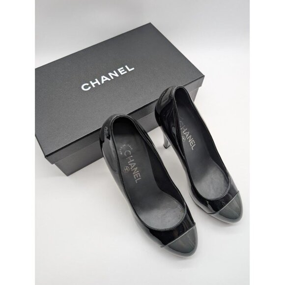 Chanel Patent Leather Platform High Heel Pumps Size US 8 EU 38.5 Black Box Dust - Picture 7 of 16